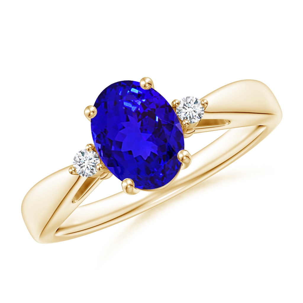 8x6mm AAAA Tapered Shank Tanzanite Solitaire Ring with Diamond Accents in Yellow Gold