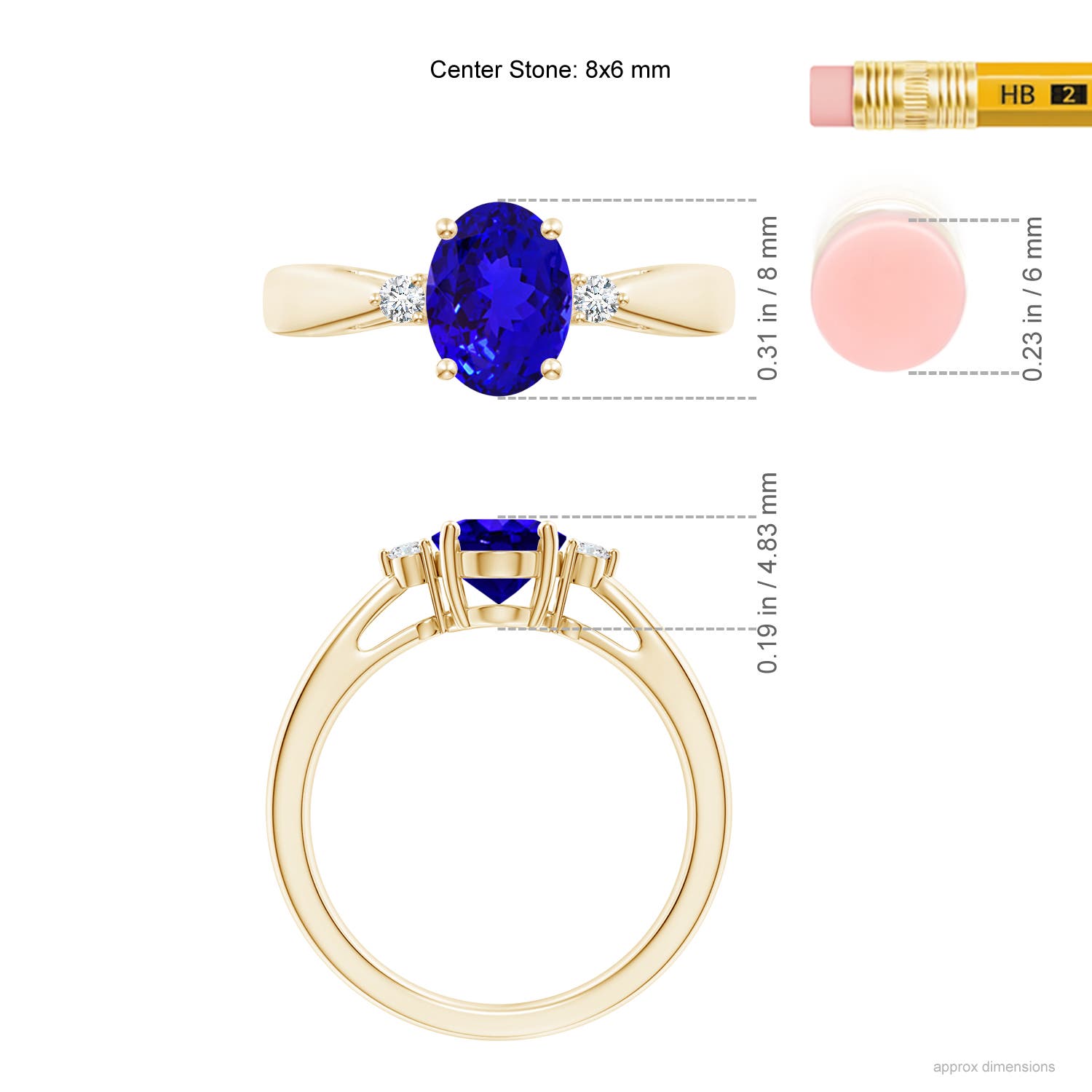 8x6mm AAAA Tapered Shank Tanzanite Solitaire Ring with Diamond Accents in Yellow Gold - ruler
