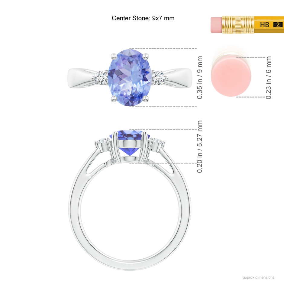 9x7mm A Tapered Shank Tanzanite Solitaire Ring with Diamond Accents in P950 Platinum ruler