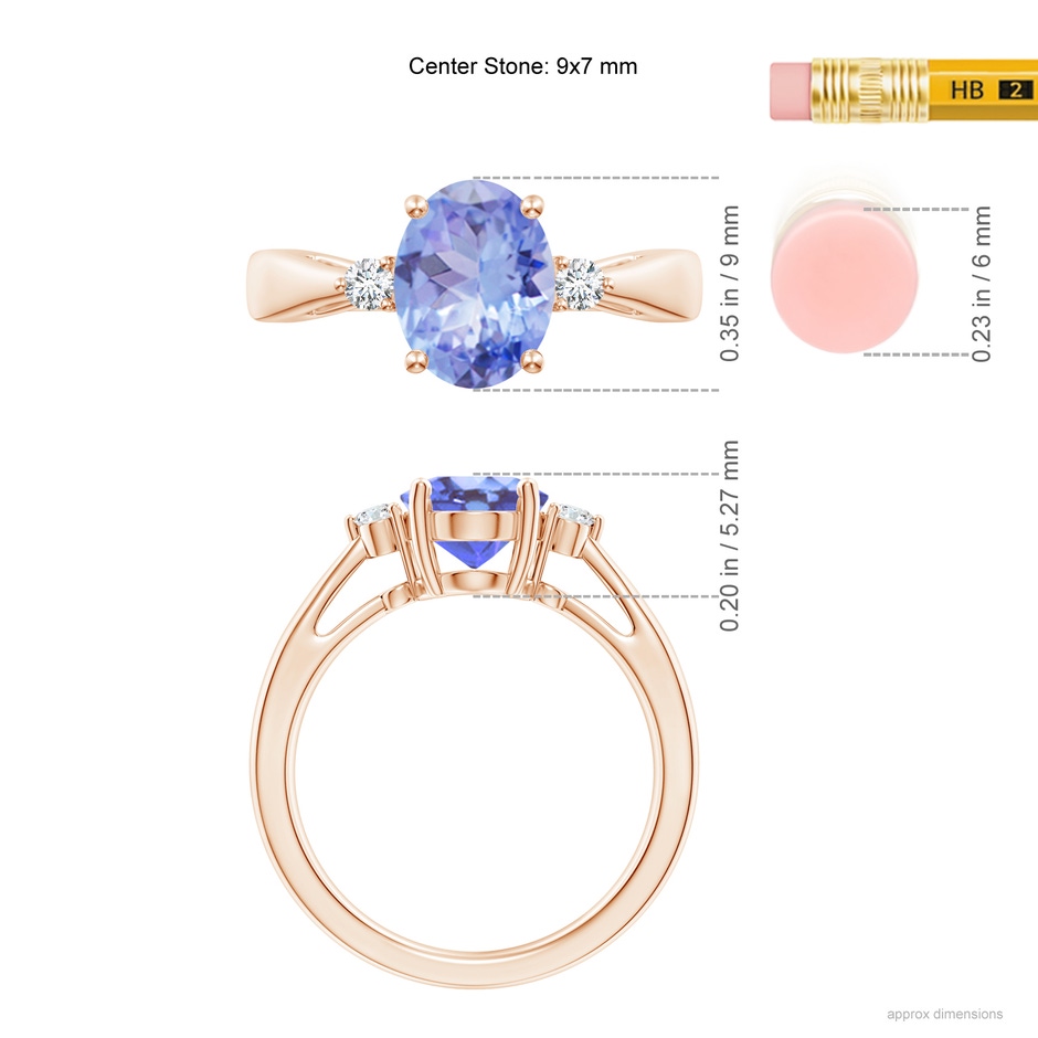 9x7mm A Tapered Shank Tanzanite Solitaire Ring with Diamond Accents in Rose Gold ruler