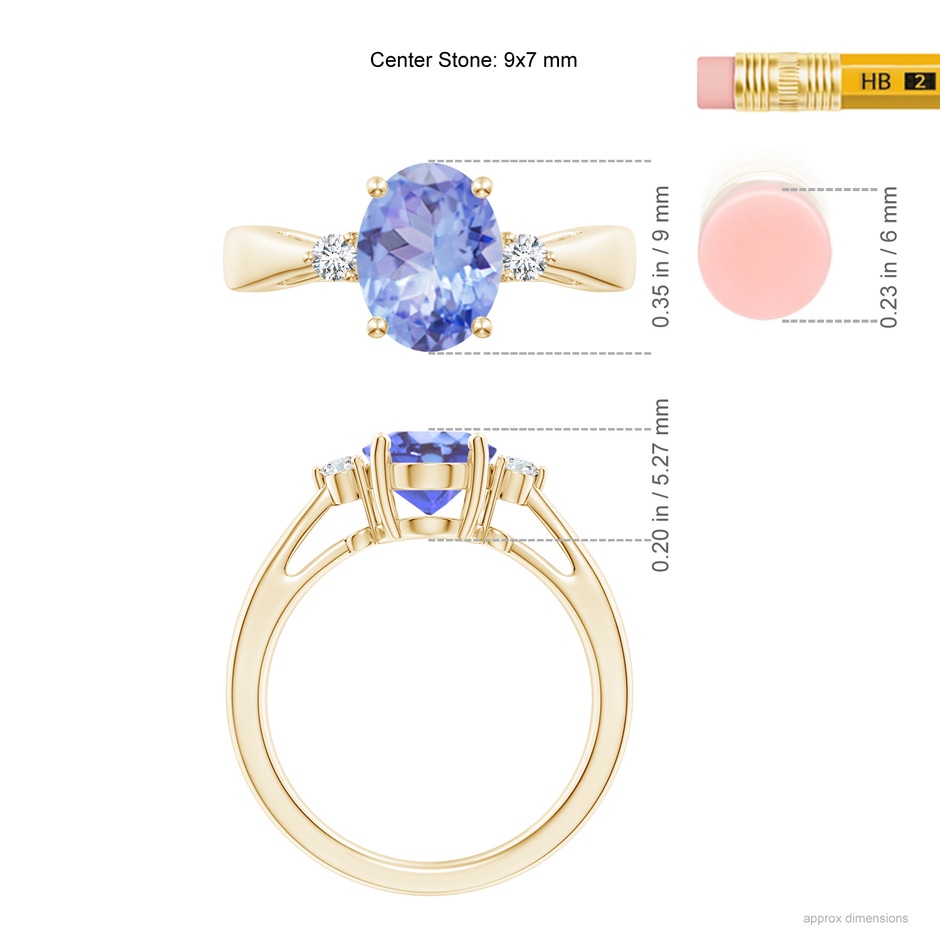 9x7mm A Tapered Shank Tanzanite Solitaire Ring with Diamond Accents in Yellow Gold ruler
