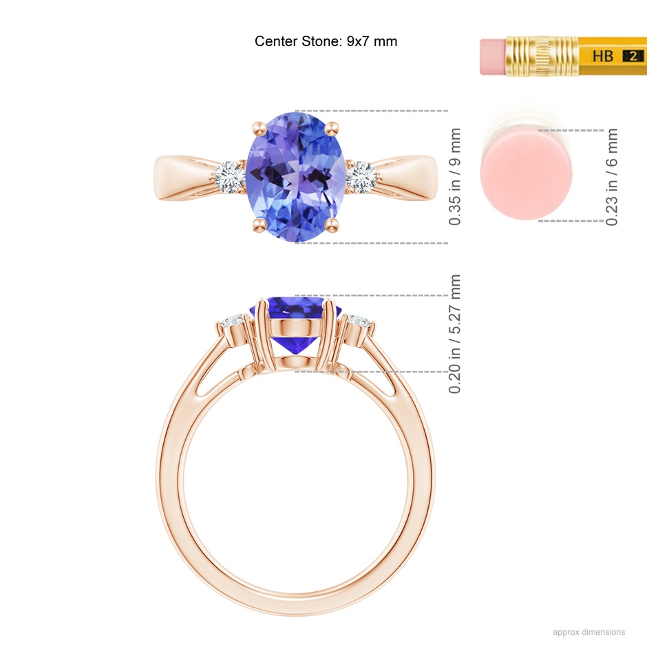 9x7mm AA Tapered Shank Tanzanite Solitaire Ring with Diamond Accents in Rose Gold ruler