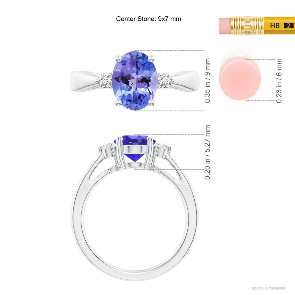 9x7mm AA Tapered Shank Tanzanite Solitaire Ring with Diamond Accents in White Gold ruler