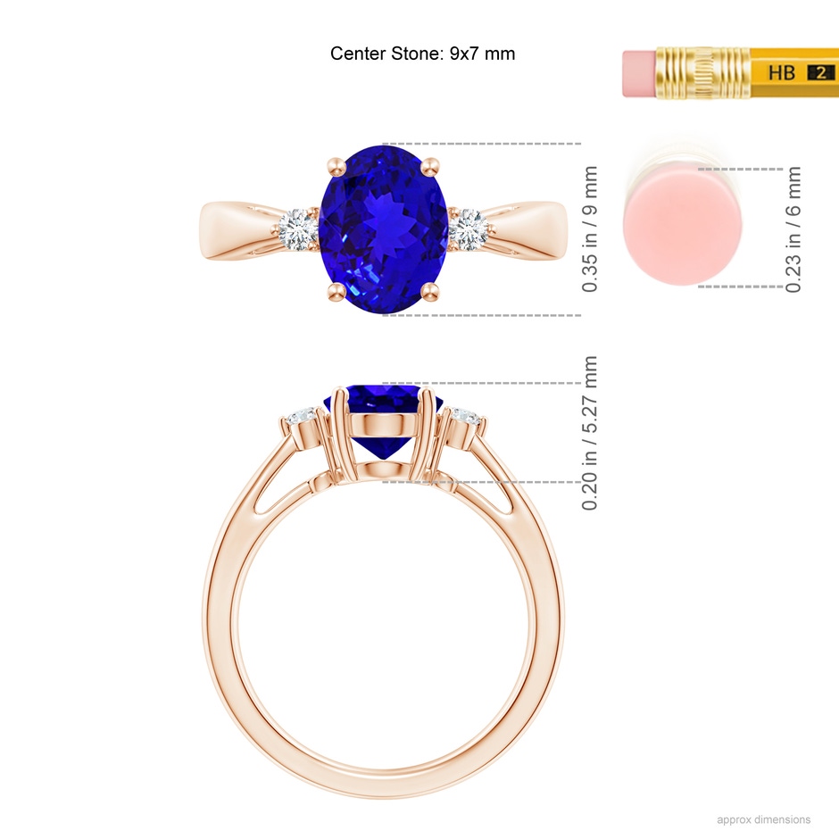 9x7mm AAAA Tapered Shank Tanzanite Solitaire Ring with Diamond Accents in 18K Rose Gold ruler