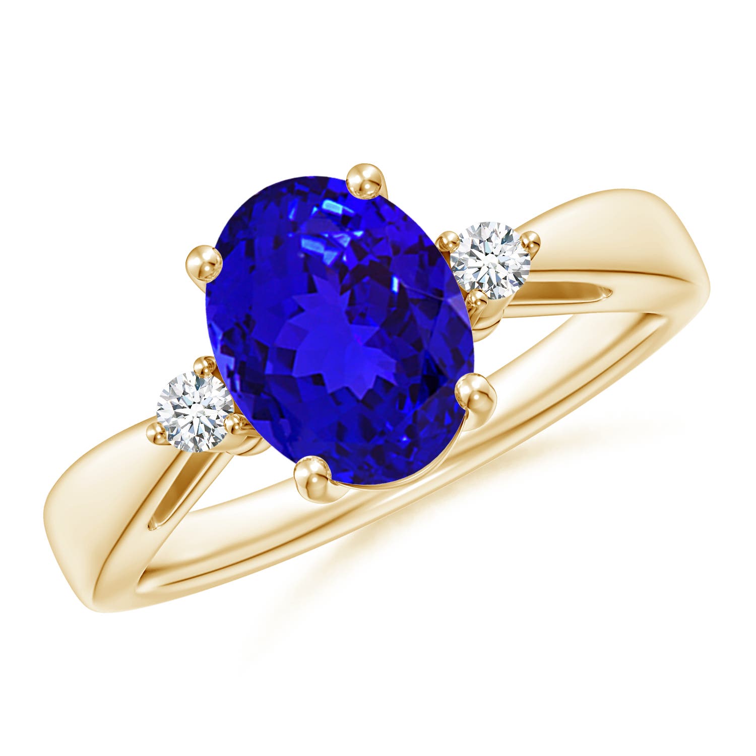 9x7mm AAAA Tapered Shank Tanzanite Solitaire Ring with Diamond Accents in 18CT Yellow Gold