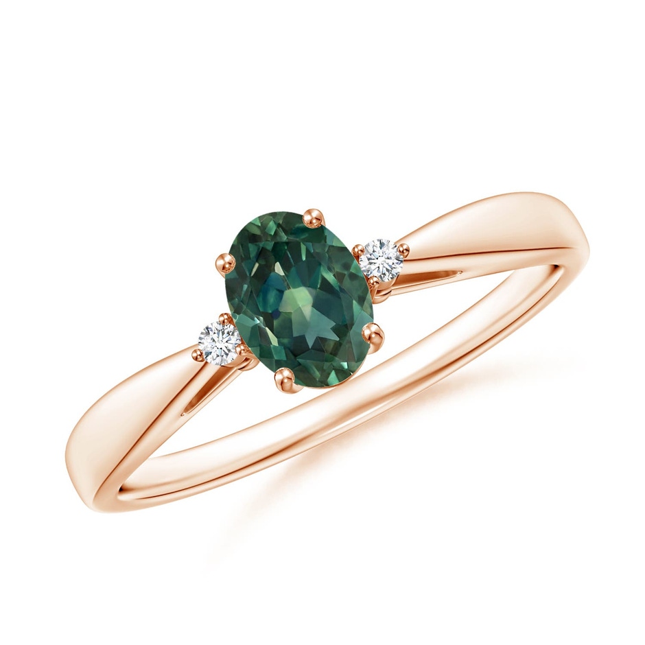 6x4mm AA Tapered Shank Teal Montana Sapphire Solitaire Ring with Diamonds in Rose Gold 