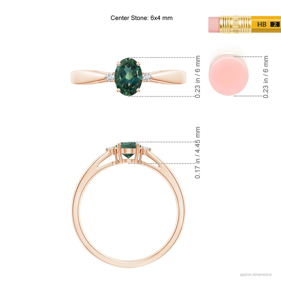 6x4mm AA Tapered Shank Teal Montana Sapphire Solitaire Ring with Diamonds in Rose Gold ruler