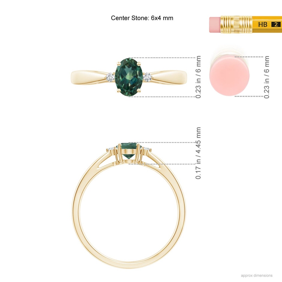 6x4mm AA Tapered Shank Teal Montana Sapphire Solitaire Ring with Diamonds in Yellow Gold ruler
