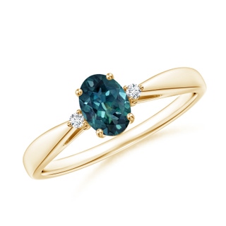6x4mm AAA Tapered Shank Teal Montana Sapphire Solitaire Ring with Diamonds in Yellow Gold
