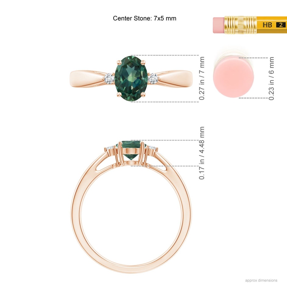 7x5mm AA Tapered Shank Teal Montana Sapphire Solitaire Ring with Diamonds in Rose Gold ruler
