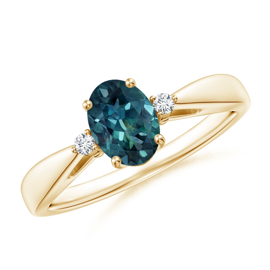 7x5mm AAA Tapered Shank Teal Montana Sapphire Solitaire Ring with Diamonds in 18K Yellow Gold 