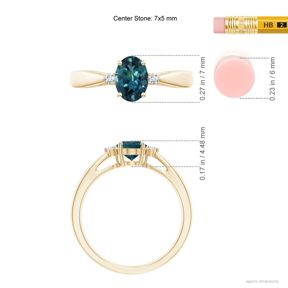 7x5mm AAA Tapered Shank Teal Montana Sapphire Solitaire Ring with Diamonds in 18K Yellow Gold ruler