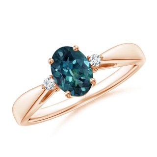 7x5mm AAA Tapered Shank Teal Montana Sapphire Solitaire Ring with Diamonds in Rose Gold