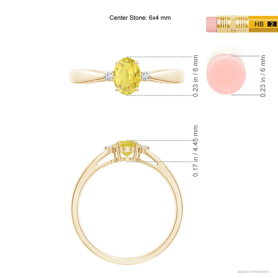 6x4mm A Tapered Shank Yellow Sapphire Solitaire Ring with Diamonds in Yellow Gold ruler