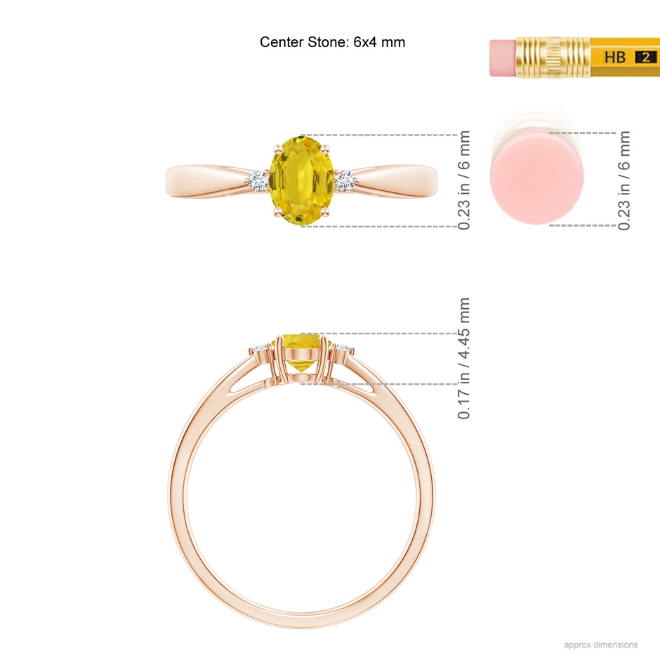 6x4mm AAA Tapered Shank Yellow Sapphire Solitaire Ring with Diamonds in Rose Gold ruler