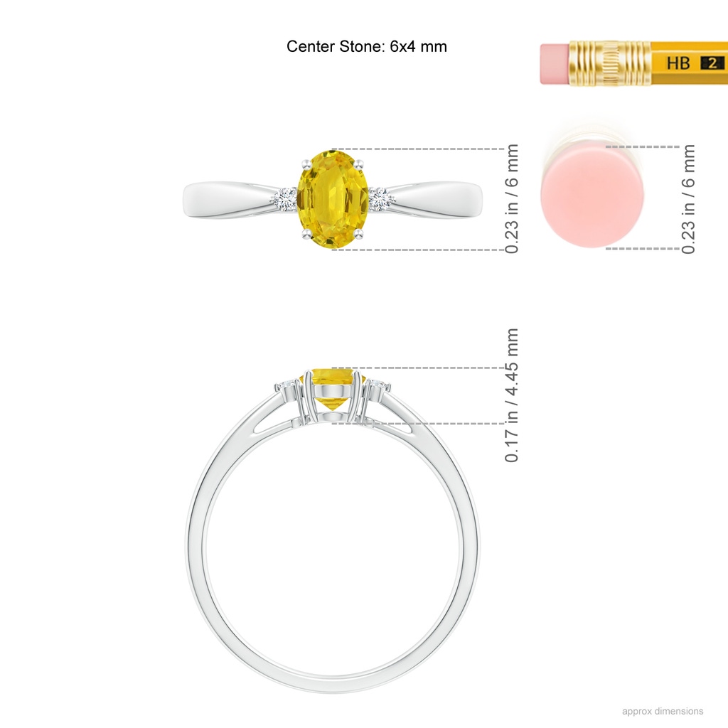 6x4mm AAA Tapered Shank Yellow Sapphire Solitaire Ring with Diamonds in White Gold Ruler