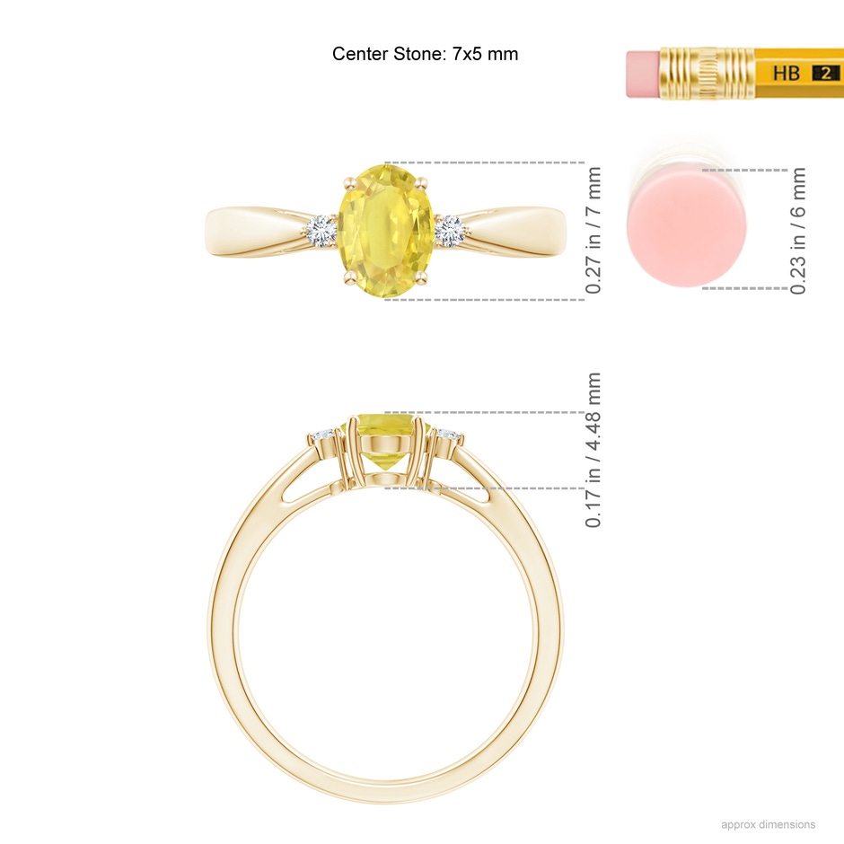 7x5mm A Tapered Shank Yellow Sapphire Solitaire Ring with Diamonds in Yellow Gold ruler