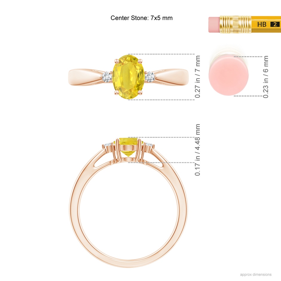 7x5mm AA Tapered Shank Yellow Sapphire Solitaire Ring with Diamonds in Rose Gold ruler