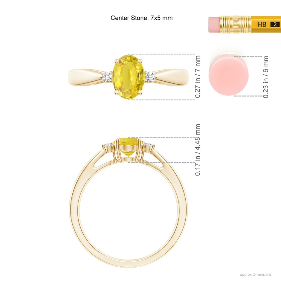7x5mm AA Tapered Shank Yellow Sapphire Solitaire Ring with Diamonds in Yellow Gold ruler