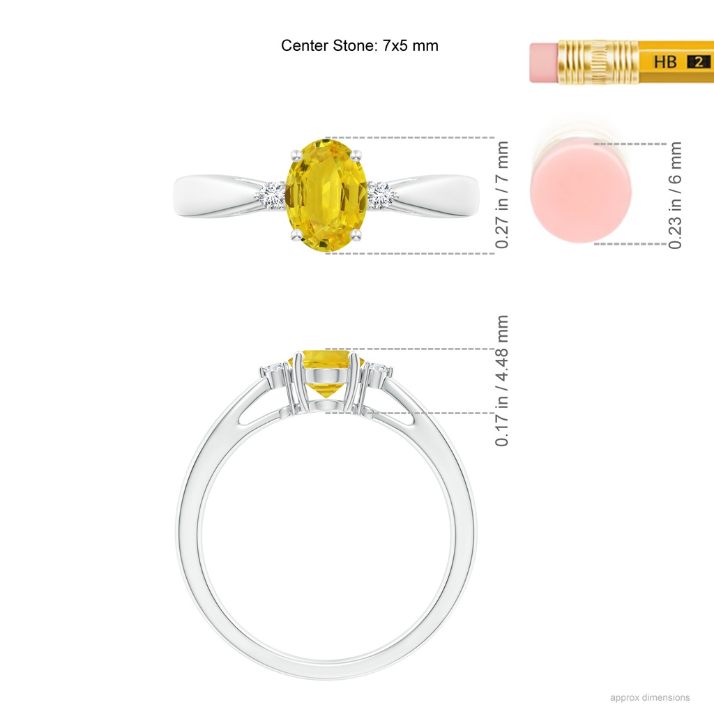 7x5mm AAA Tapered Shank Yellow Sapphire Solitaire Ring with Diamonds in White Gold Ruler