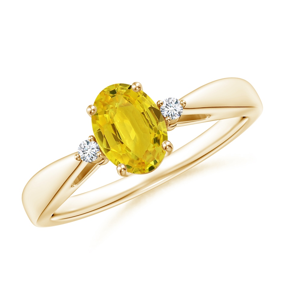 7x5mm AAA Tapered Shank Yellow Sapphire Solitaire Ring with Diamonds in Yellow Gold 
