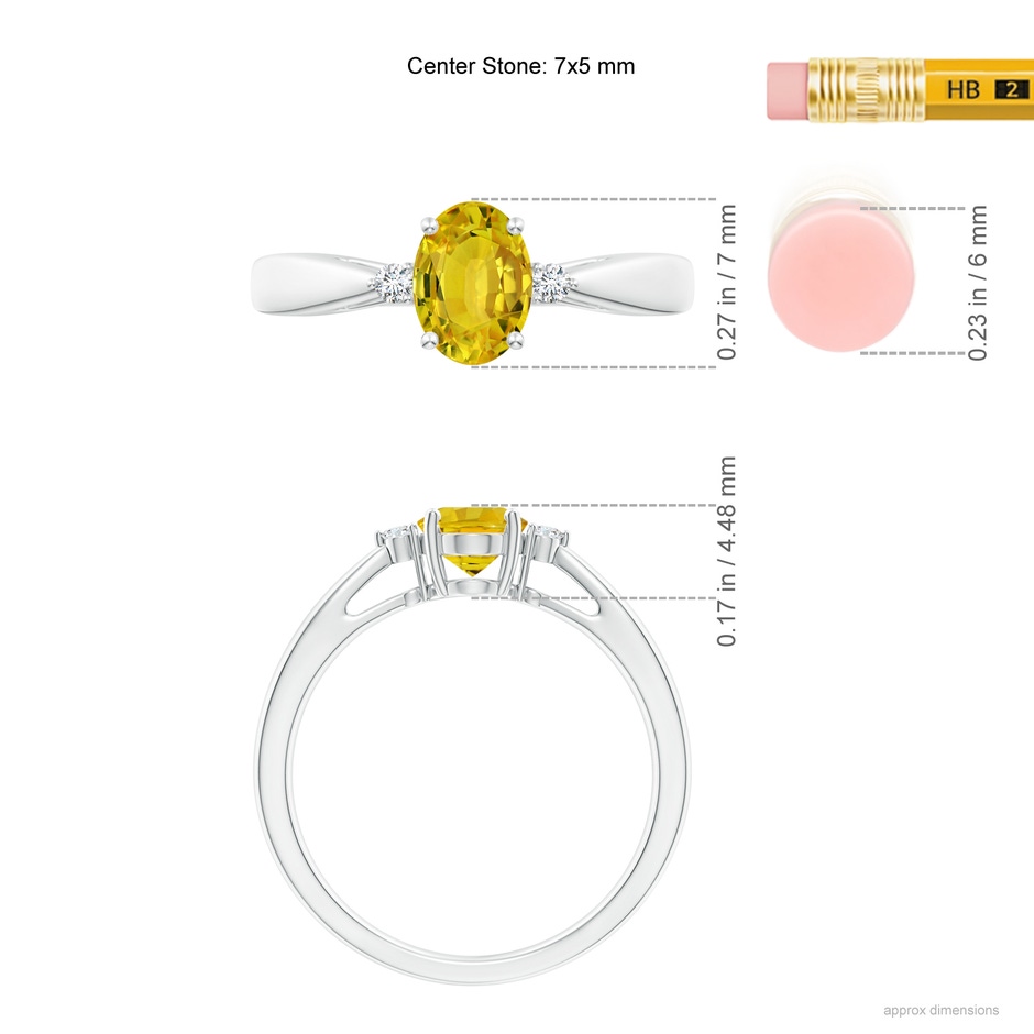 7x5mm AAAA Tapered Shank Yellow Sapphire Solitaire Ring with Diamonds in P950 Platinum ruler