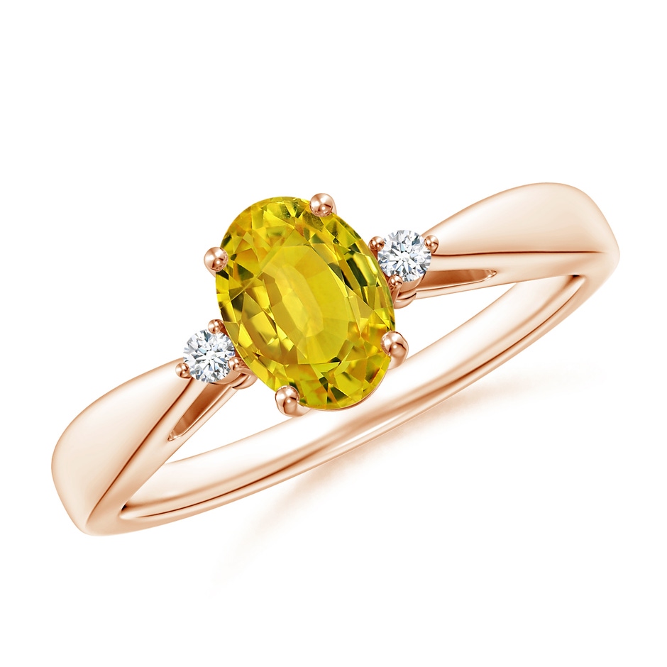 7x5mm AAAA Tapered Shank Yellow Sapphire Solitaire Ring with Diamonds in Rose Gold 