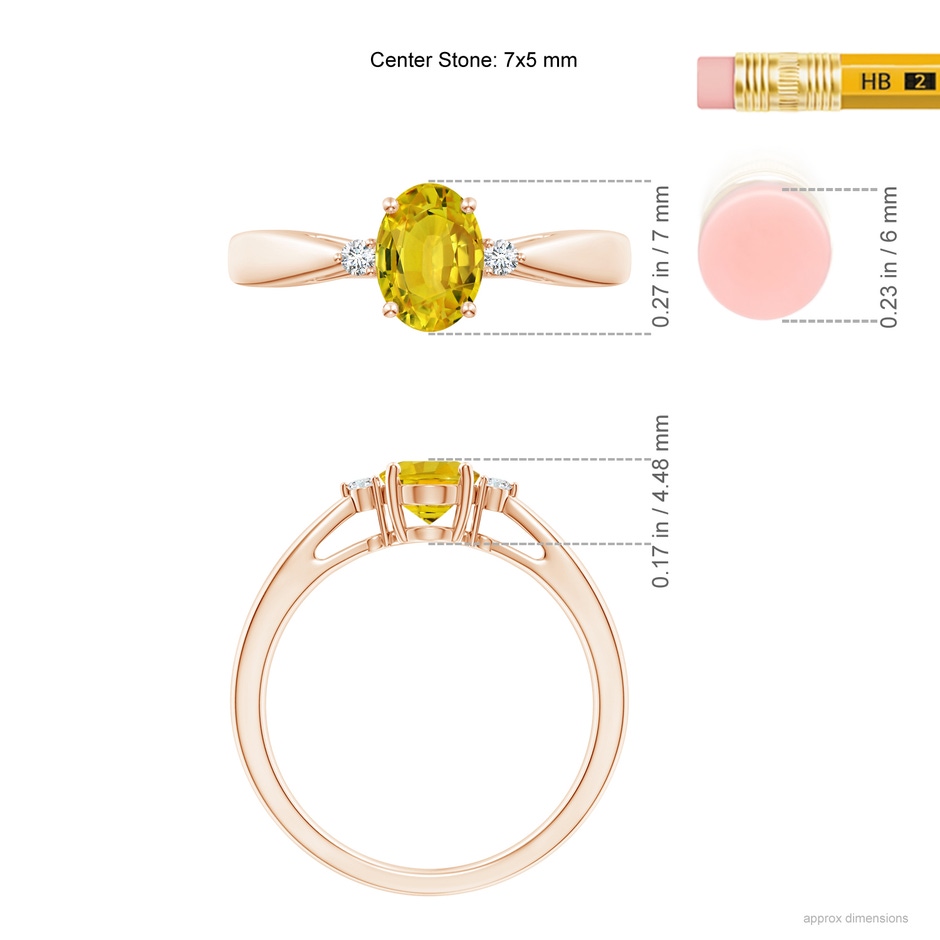 7x5mm AAAA Tapered Shank Yellow Sapphire Solitaire Ring with Diamonds in Rose Gold ruler