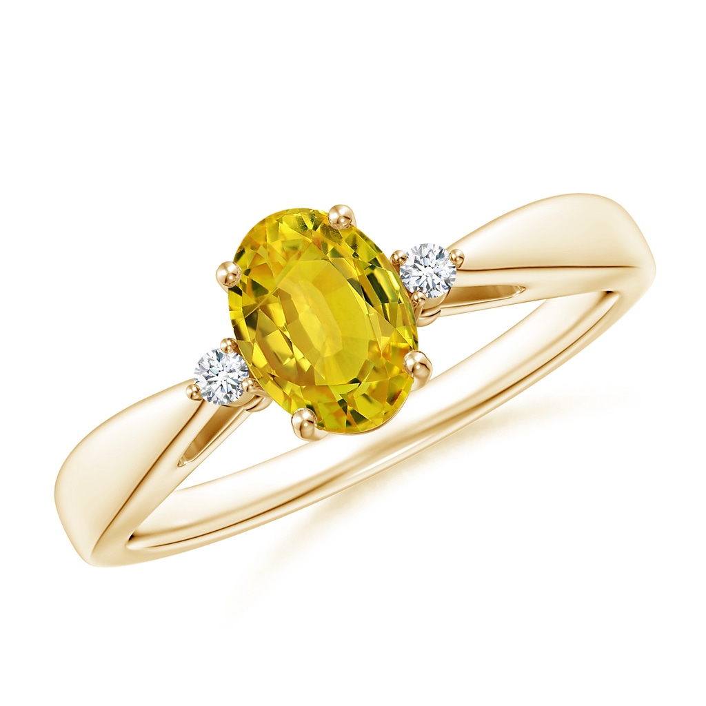 7x5mm AAAA Tapered Shank Yellow Sapphire Solitaire Ring with Diamonds in Yellow Gold