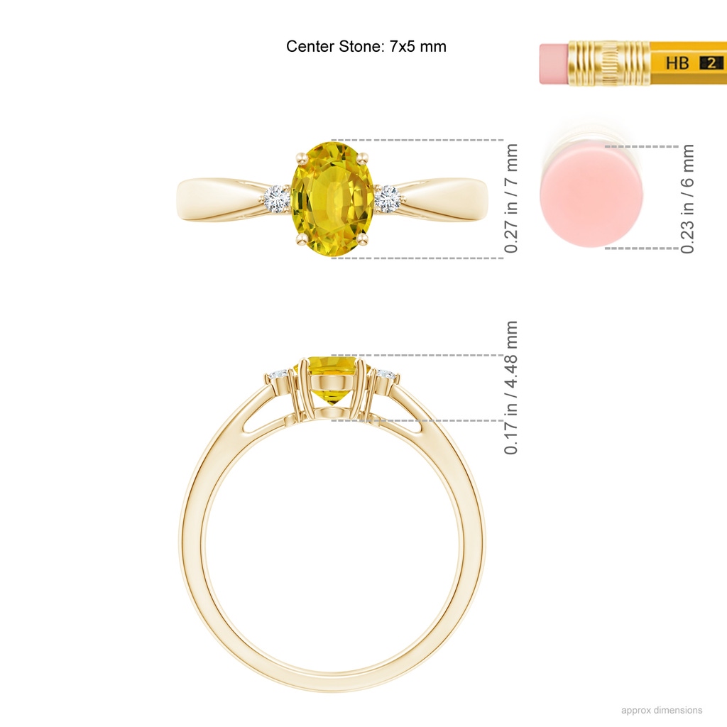 7x5mm AAAA Tapered Shank Yellow Sapphire Solitaire Ring with Diamonds in Yellow Gold Ruler