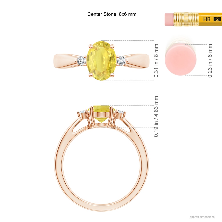 8x6mm A Tapered Shank Yellow Sapphire Solitaire Ring with Diamonds in Rose Gold ruler