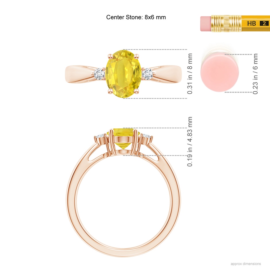 8x6mm AA Tapered Shank Yellow Sapphire Solitaire Ring with Diamonds in Rose Gold ruler