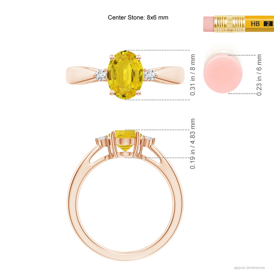 8x6mm AAA Tapered Shank Yellow Sapphire Solitaire Ring with Diamonds in Rose Gold ruler