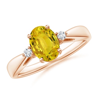 8x6mm AAAA Tapered Shank Yellow Sapphire Solitaire Ring with Diamonds in Rose Gold