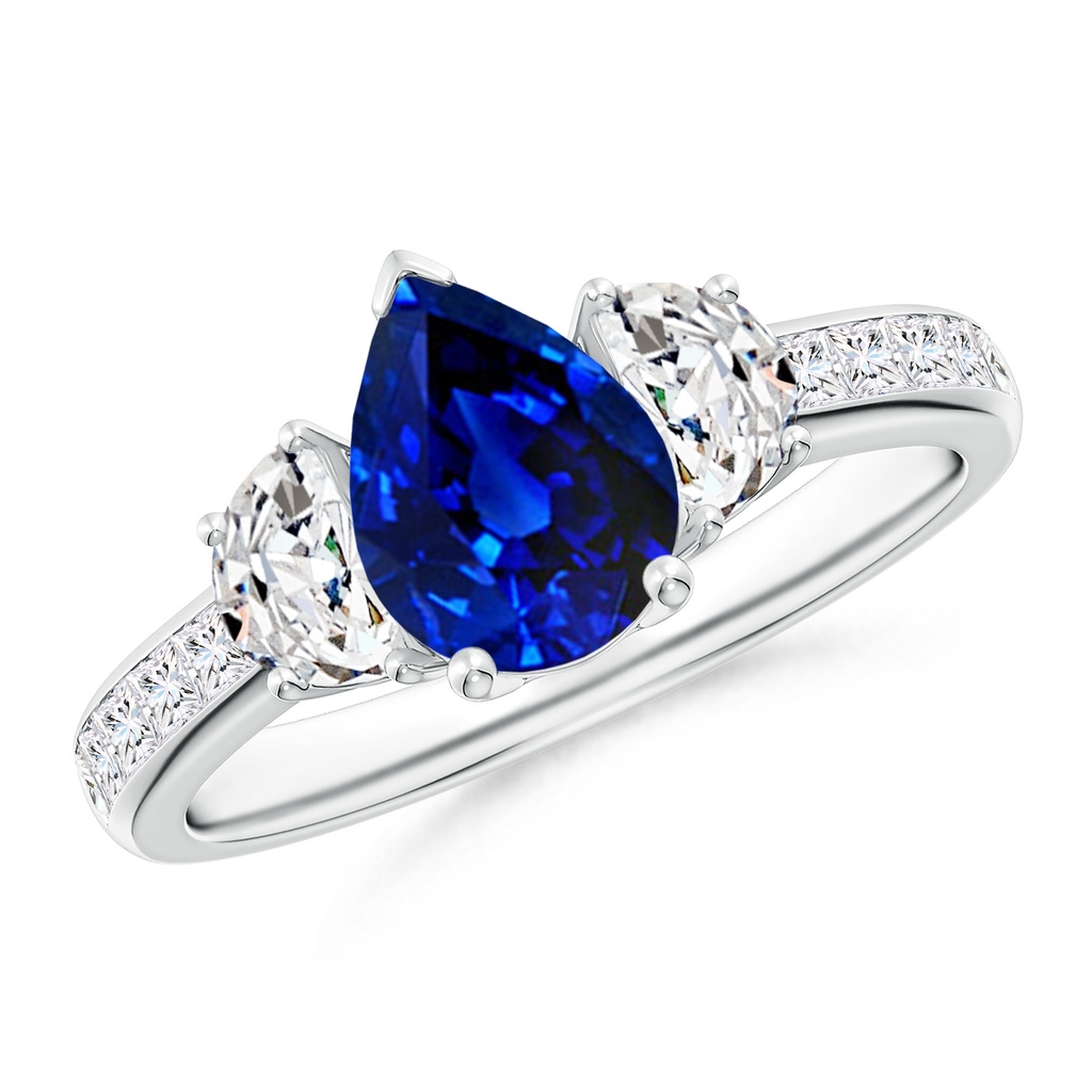 8x6mm AAAA Pear-Shaped Sapphire Three Stone Ring with Diamonds in P950 Platinum