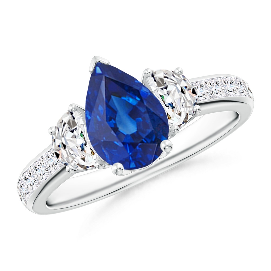 9x6mm AAA Pear-Shaped Sapphire Three Stone Ring with Diamonds in White Gold 