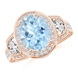 10x8mm AAA Oval Aquamarine Three Stone Ring with Diamonds in Rose Gold