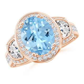 10x8mm AAAA Oval Aquamarine Three Stone Ring with Diamonds in Rose Gold