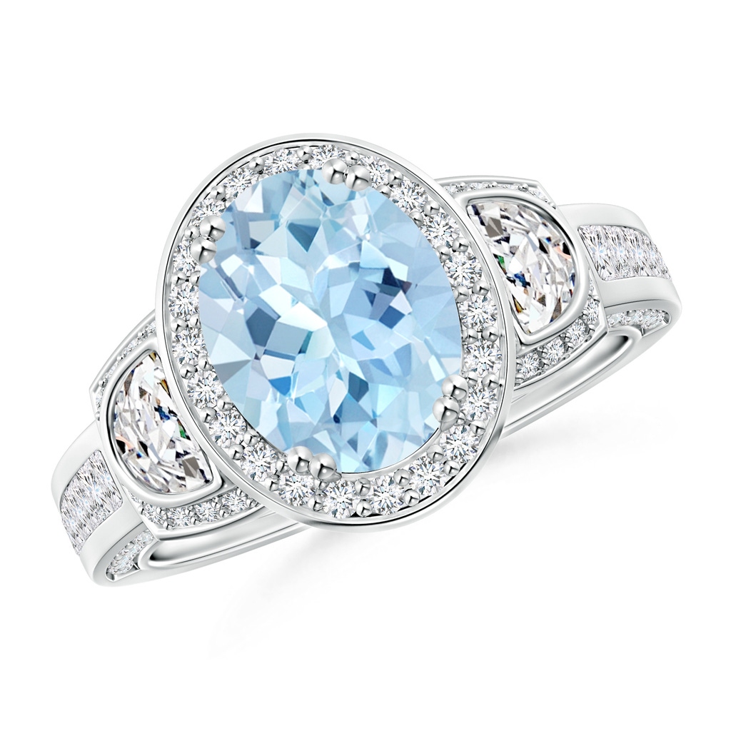 9x7mm AAA Oval Aquamarine Three Stone Ring with Diamonds in White Gold