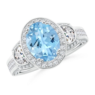 9x7mm AAAA Oval Aquamarine Three Stone Ring with Diamonds in P950 Platinum