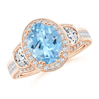 9x7mm AAAA Oval Aquamarine Three Stone Ring with Diamonds in Rose Gold