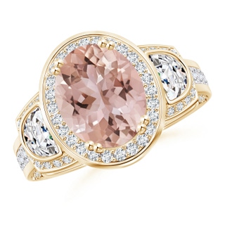 10x8mm AAA Oval Morganite Three Stone Ring with Diamonds in 9K Yellow Gold