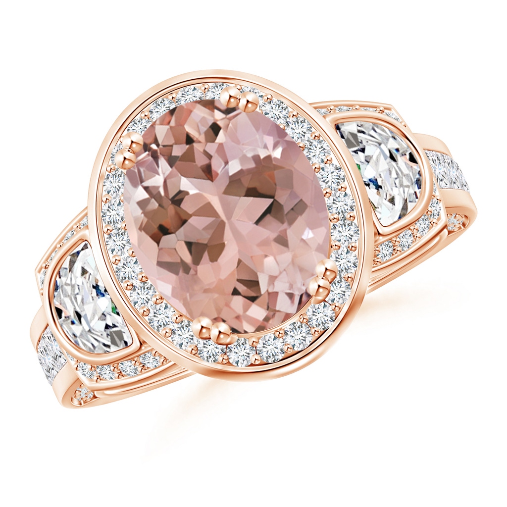 10x8mm AAAA Oval Morganite Three Stone Ring with Diamonds in Rose Gold