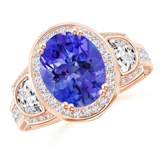 10x8mm AAA Oval Tanzanite Three Stone Ring with Diamonds in Rose Gold