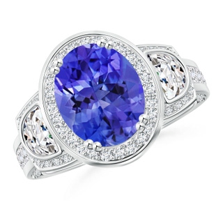 10x8mm AAA Oval Tanzanite Three Stone Ring with Diamonds in White Gold