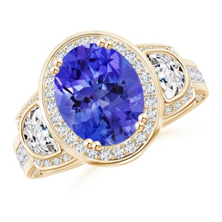 10x8mm AAA Oval Tanzanite Three Stone Ring with Diamonds in Yellow Gold