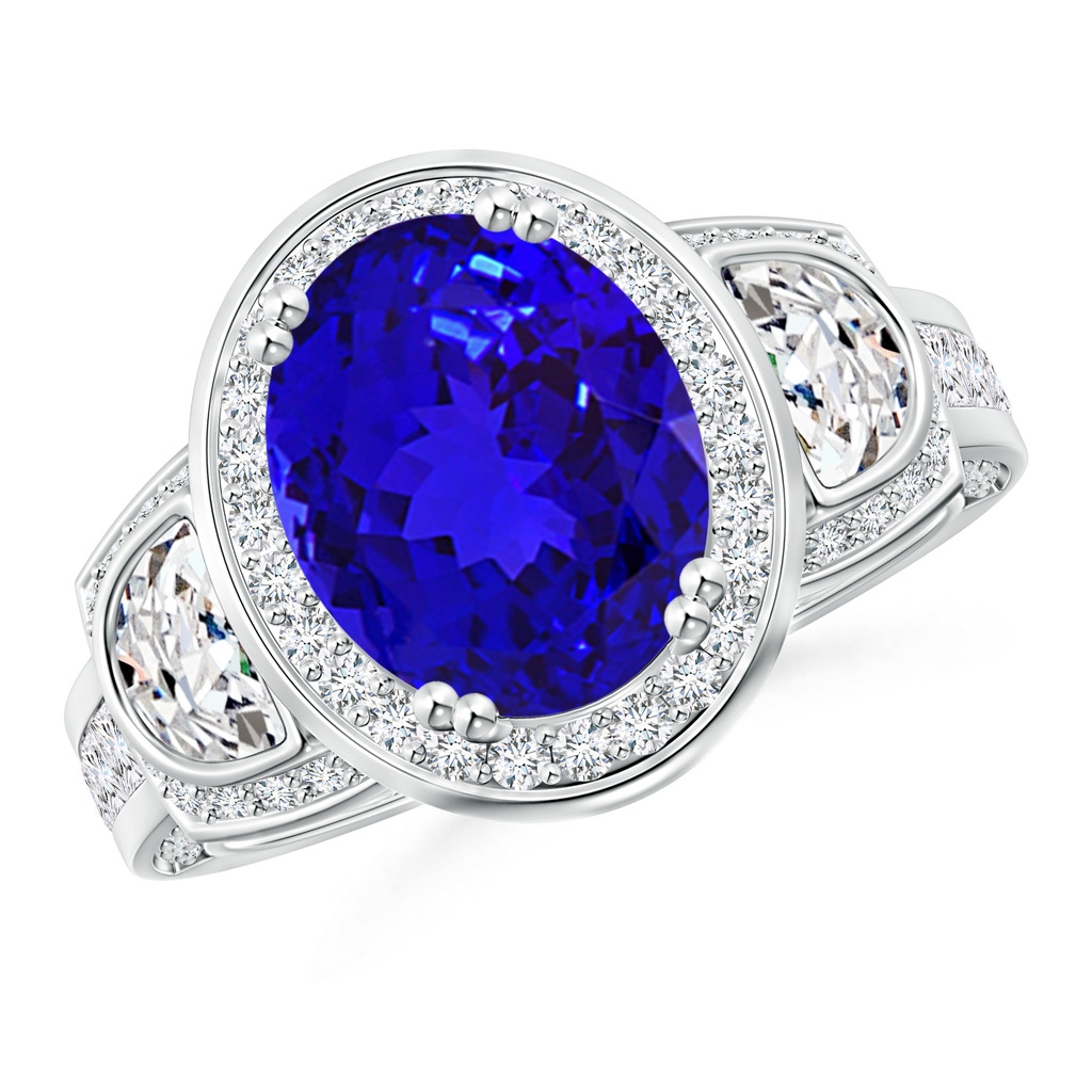 10x8mm AAAA Oval Tanzanite Three Stone Ring with Diamonds in White Gold