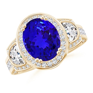 10x8mm AAAA Oval Tanzanite Three Stone Ring with Diamonds in Yellow Gold