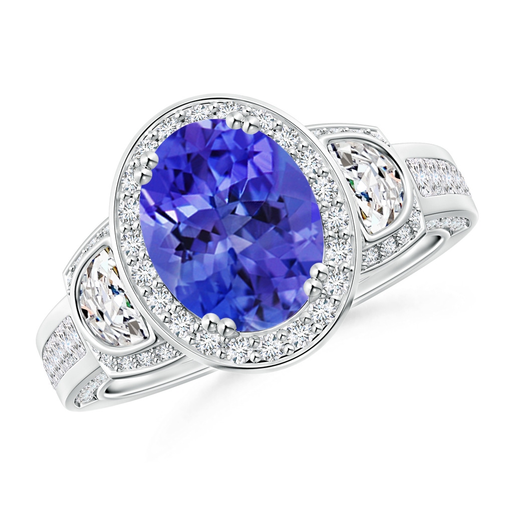 9x7mm AAA Oval Tanzanite Three Stone Ring with Diamonds in White Gold