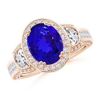 9x7mm AAAA Oval Tanzanite Three Stone Ring with Diamonds in Rose Gold